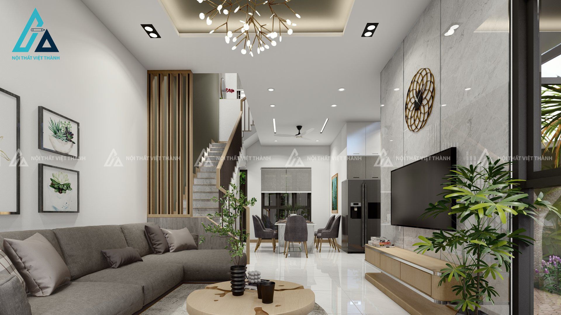 Vách ngăn gỗ tối giản đồng bộ nội thất cầu thang
