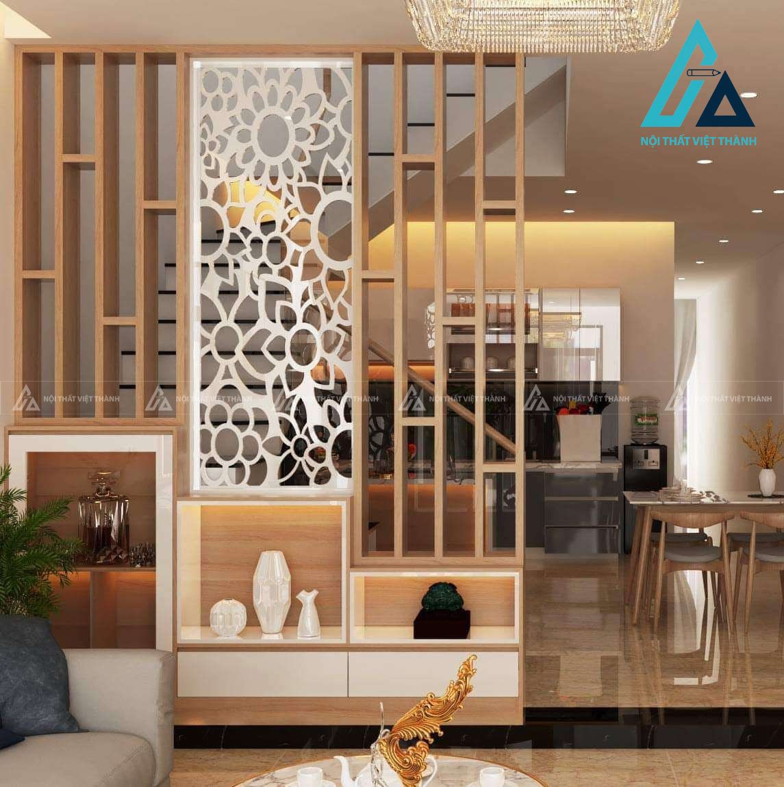 Vách ngăn cầu thang hoạ tiết kết hợp kệ trang trí