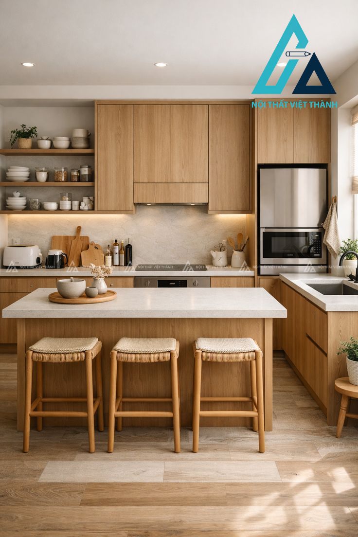 Nội thất phòng bếp tích hợp đảo bếp làm bàn ăn