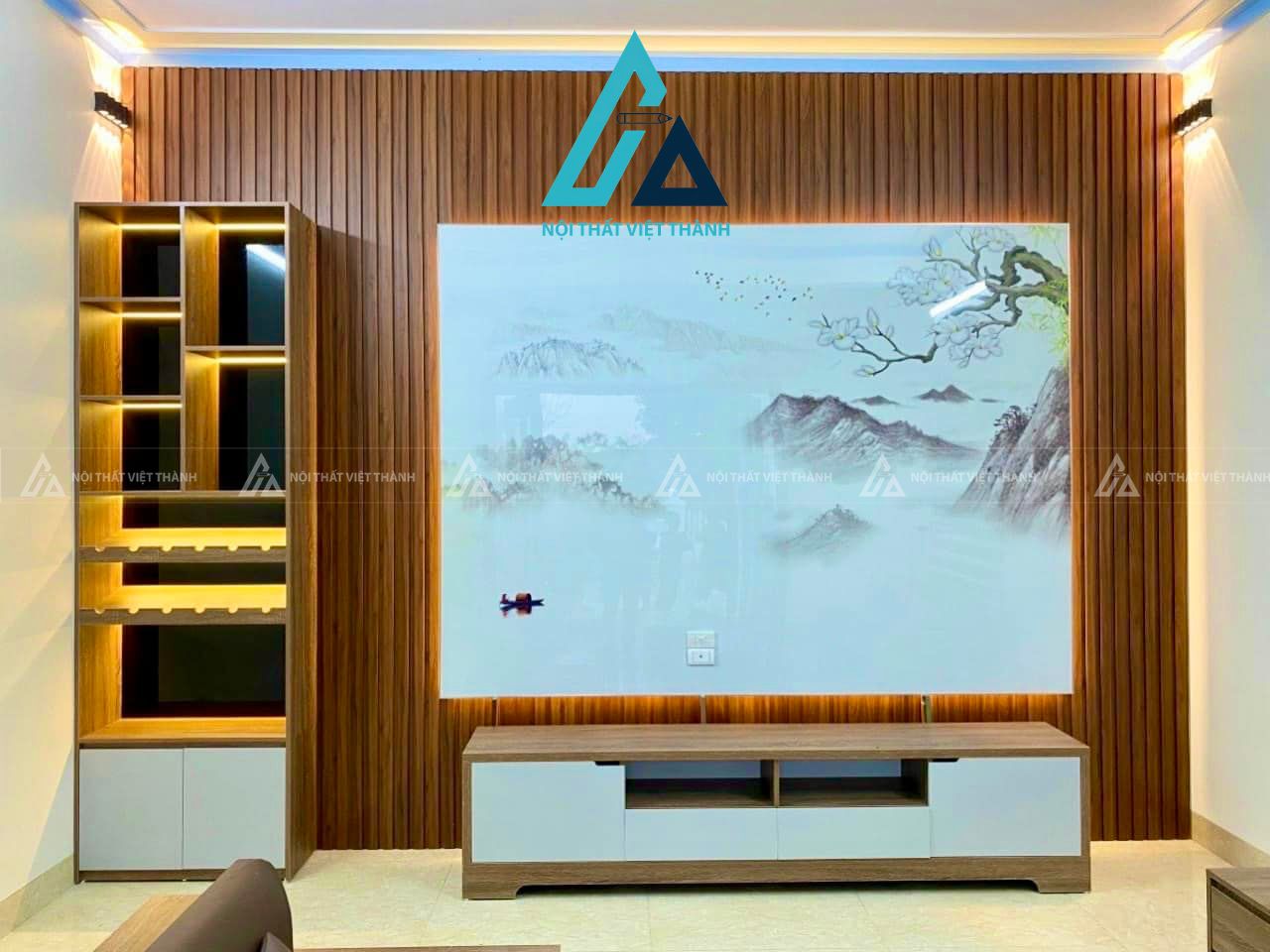 Nội thất phòng khách kết hợp đèn hiện đại