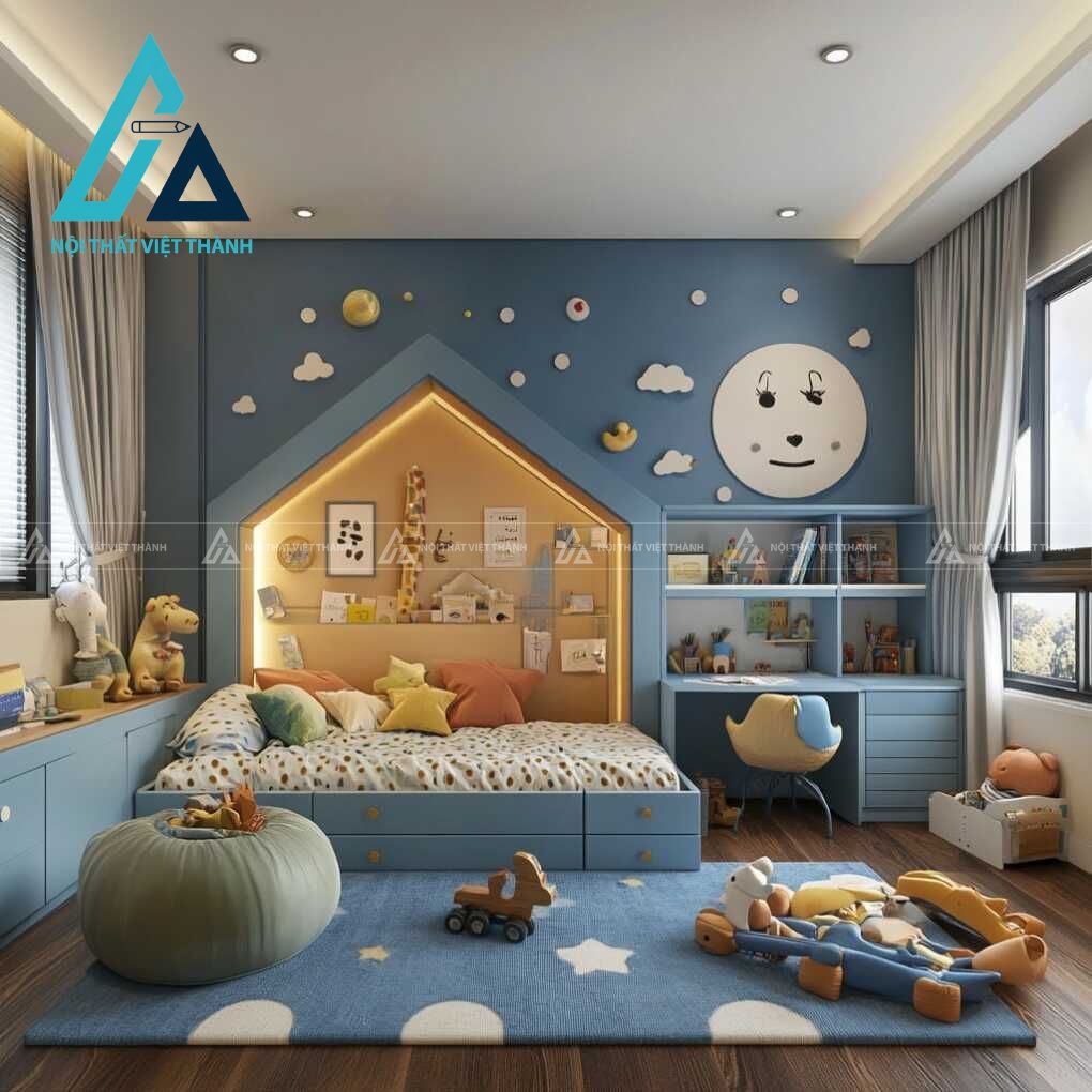 Nội thất trẻ em tone xanh dương kết hợp bàn học