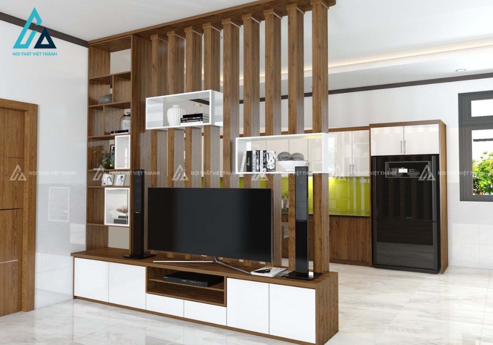 Vách ngăn kết nối phòng khách và bếp một cách khéo léo.