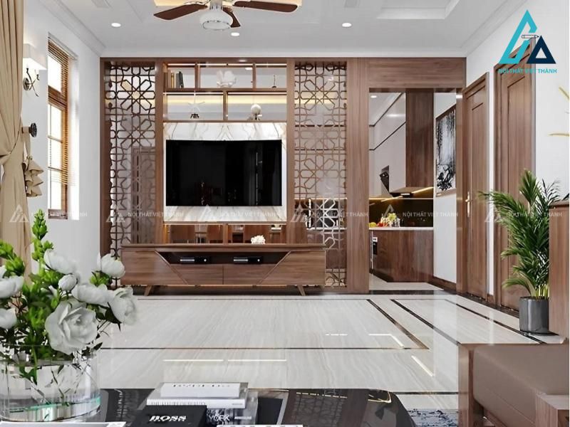 Vách ngăn kệ tivi hoa văn gỗ cổ điển