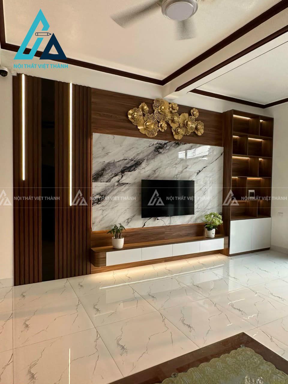 Vách ngăn kệ tivi gỗ công nghiệp nhiều ngăn trang trí có đèn led