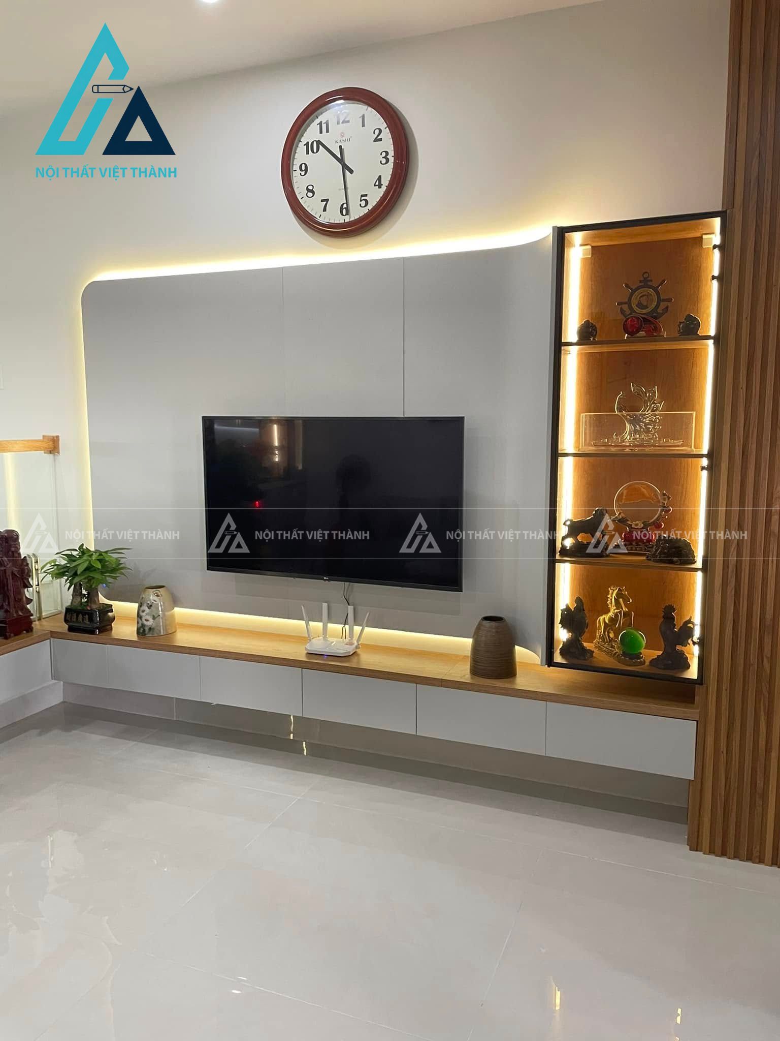 Vách ngăn kệ tivi tối giản hiện đại cùng hệ đèn led