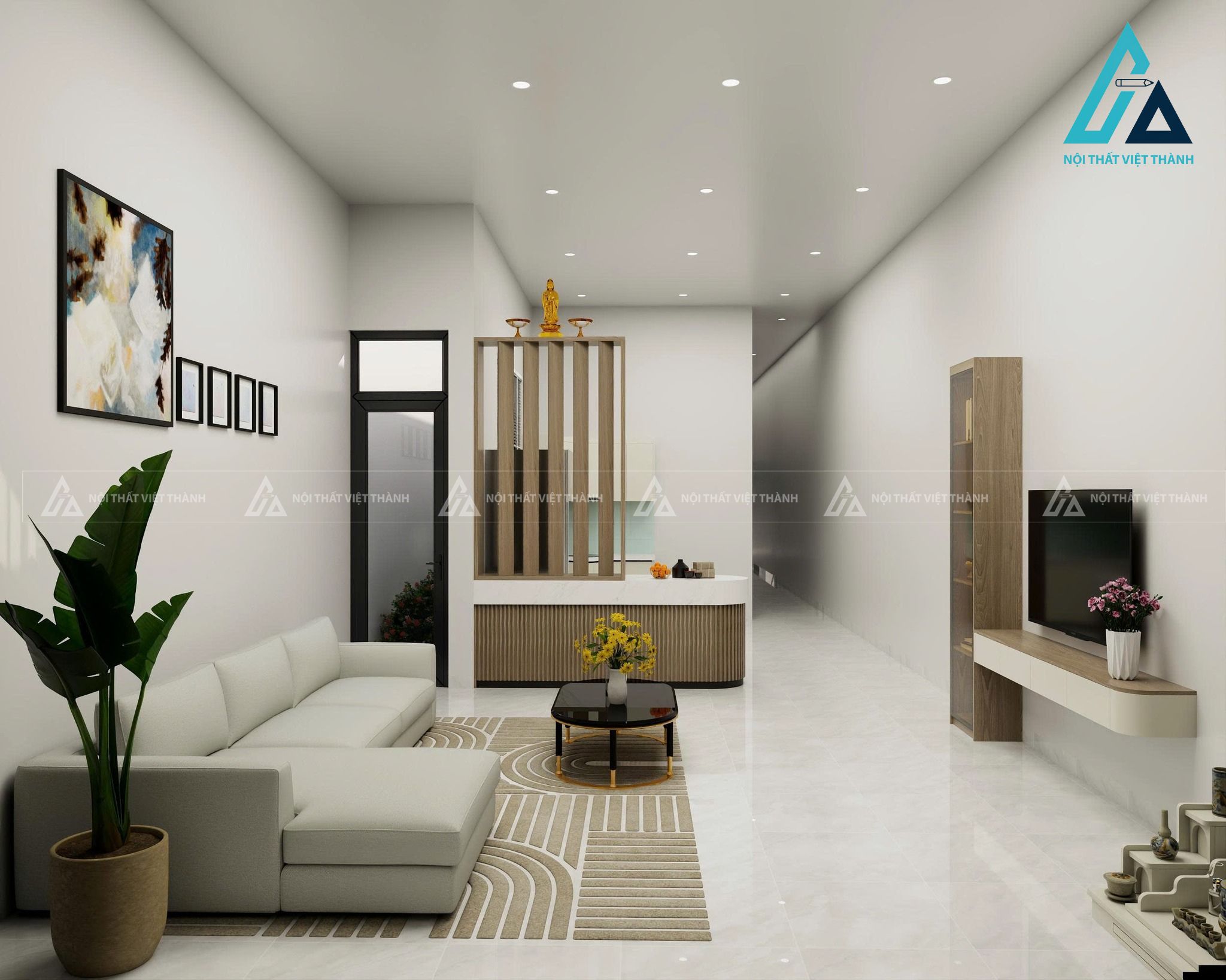 Vách ngăn tối giản giữa bếp và phòng khách