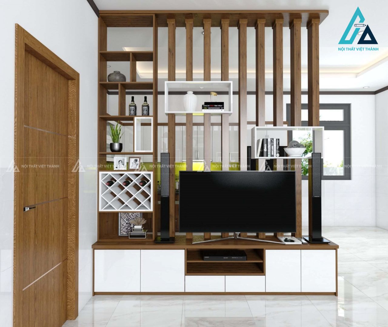 Vách ngăn gỗ kết hợp kệ tivi