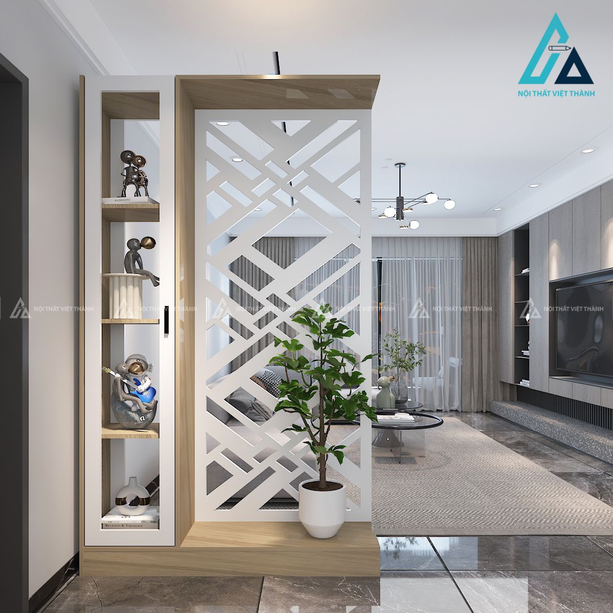 Vách ngăn CNC  trắng tinh xảo có kệ tủ trang trí