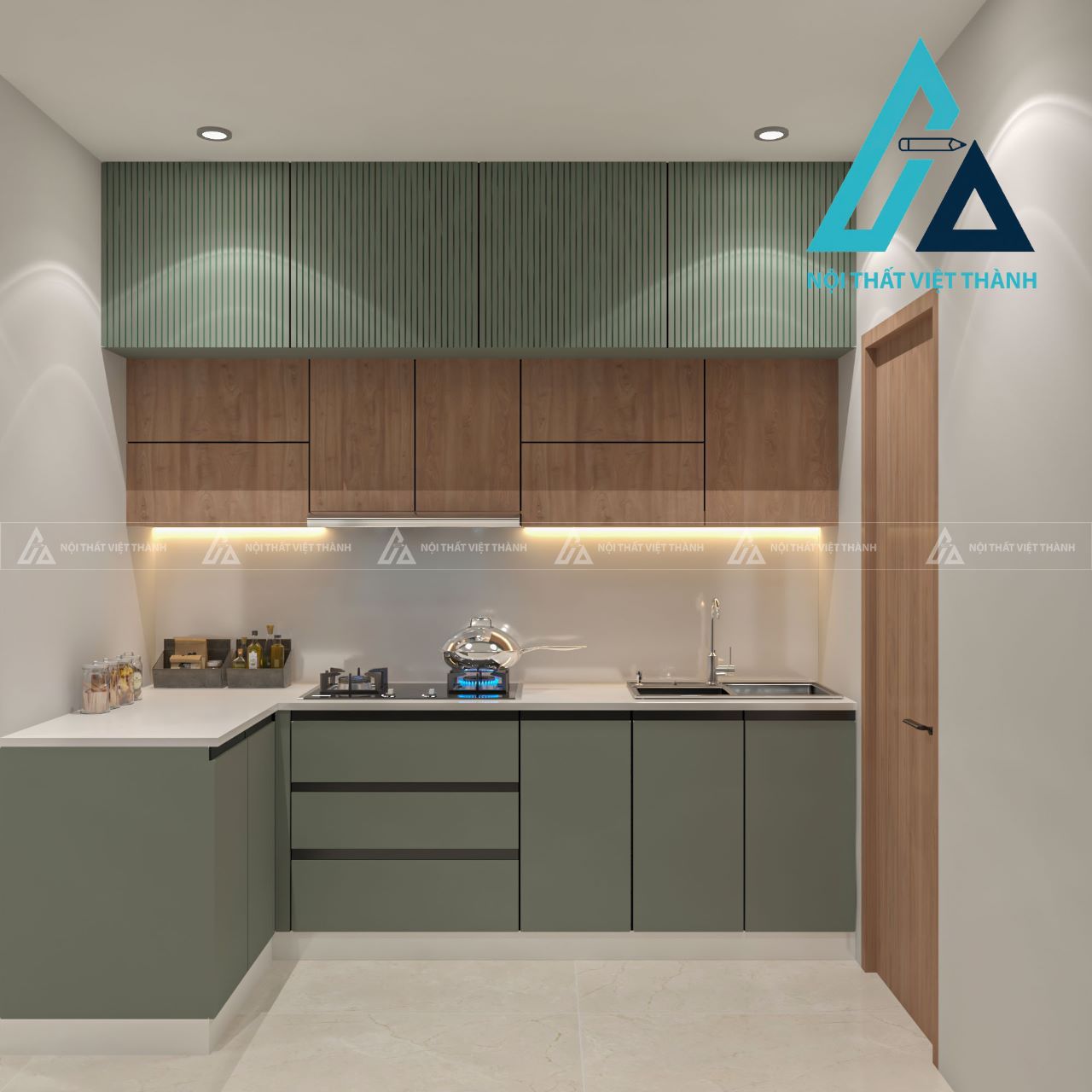 Tủ bếp chữ L xanh