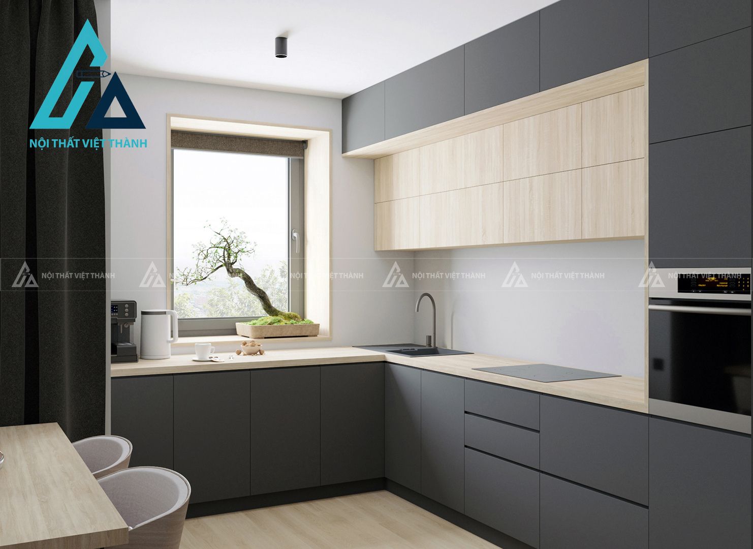 Tủ bếp chữ L xám 