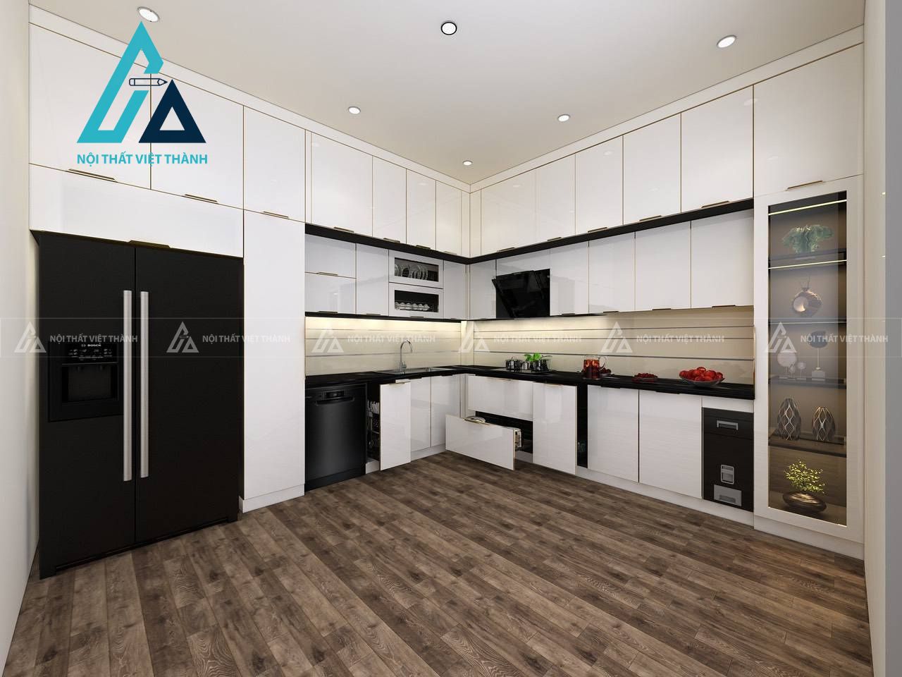 Tủ bếp cánh kính sáng bóng