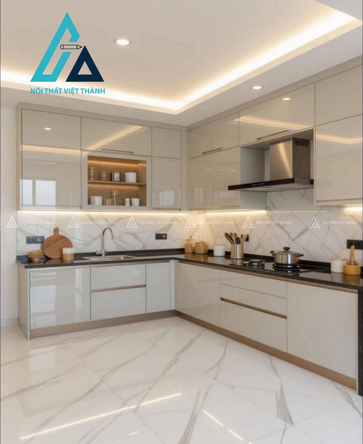 Tủ bếp cánh kính vân trắng cao cấp