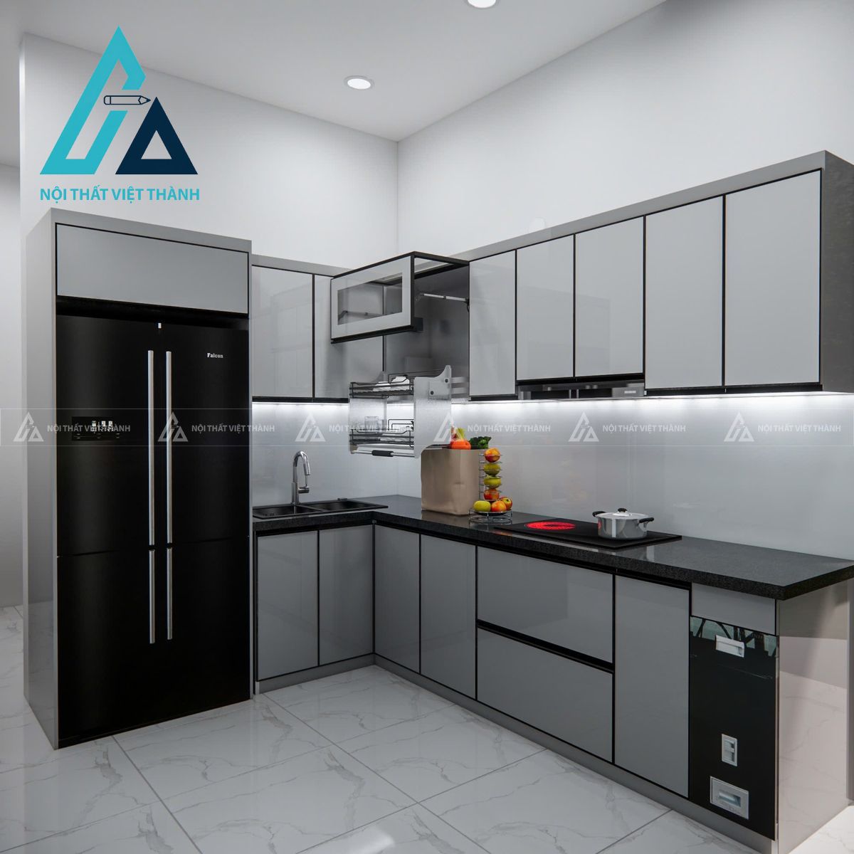 Tủ bếp cánh kính xám sang trọng