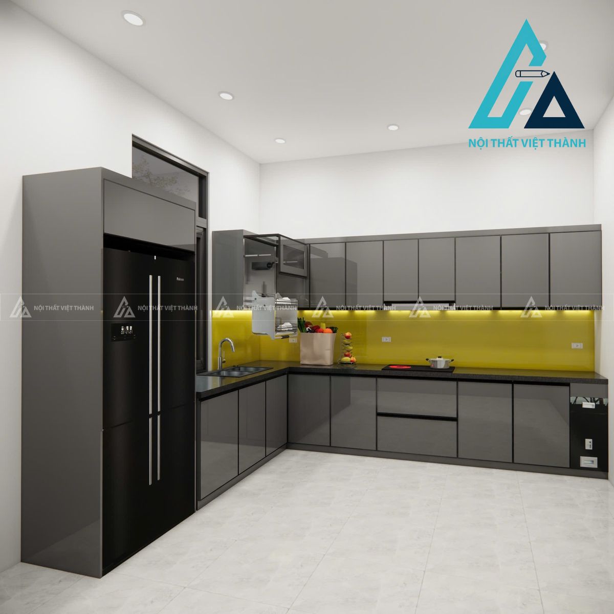 Tủ bếp cánh kính kết hợp đèn 
