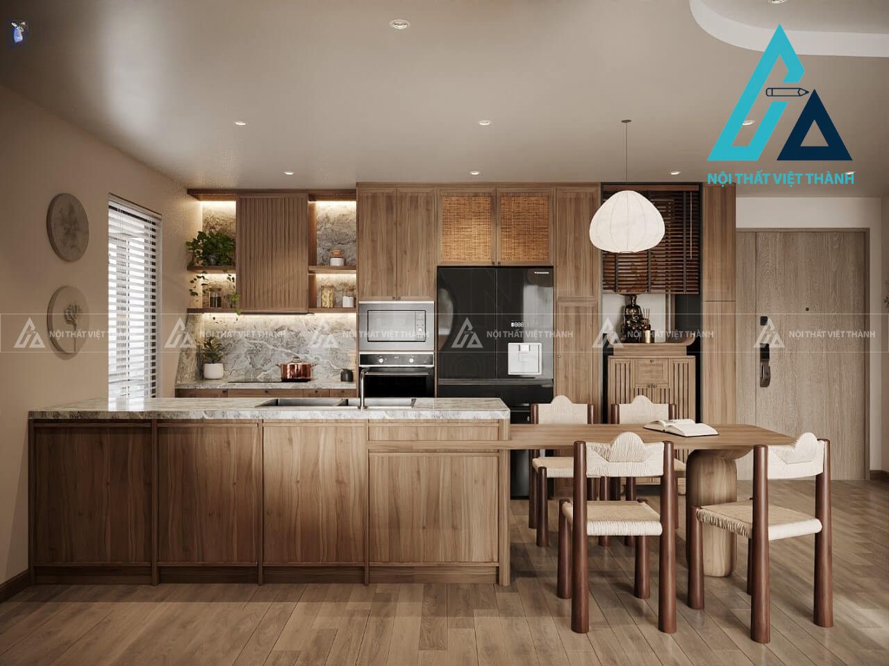 Tủ bếp gỗ tự nhiên màu trầm sang trọng