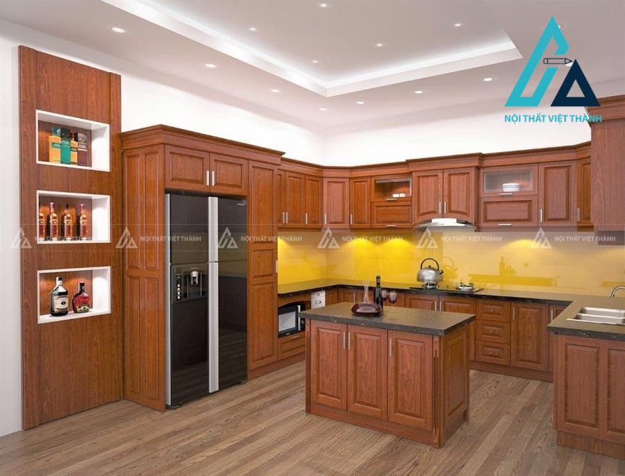 Tủ bếp gỗ tự nhiên đồng bộ trong gian bếp