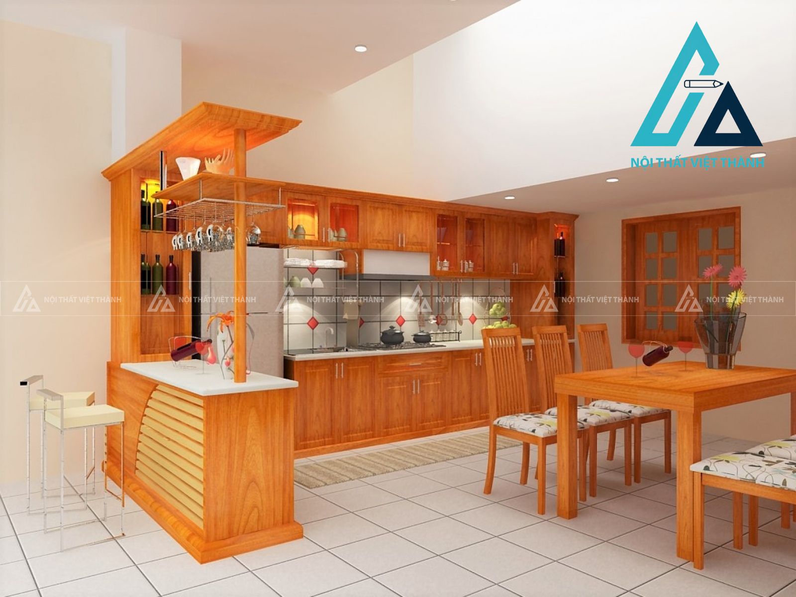 Tủ bếp gỗ tự nhiên có kèm quầy bar