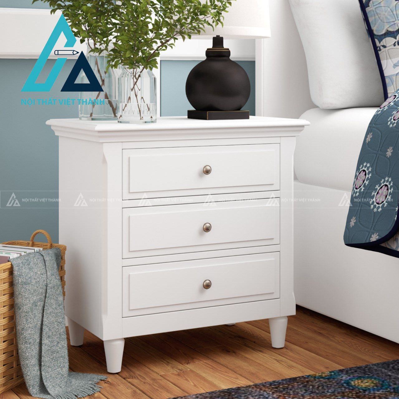 Tủ đầu giường gỗ trắng cổ điển