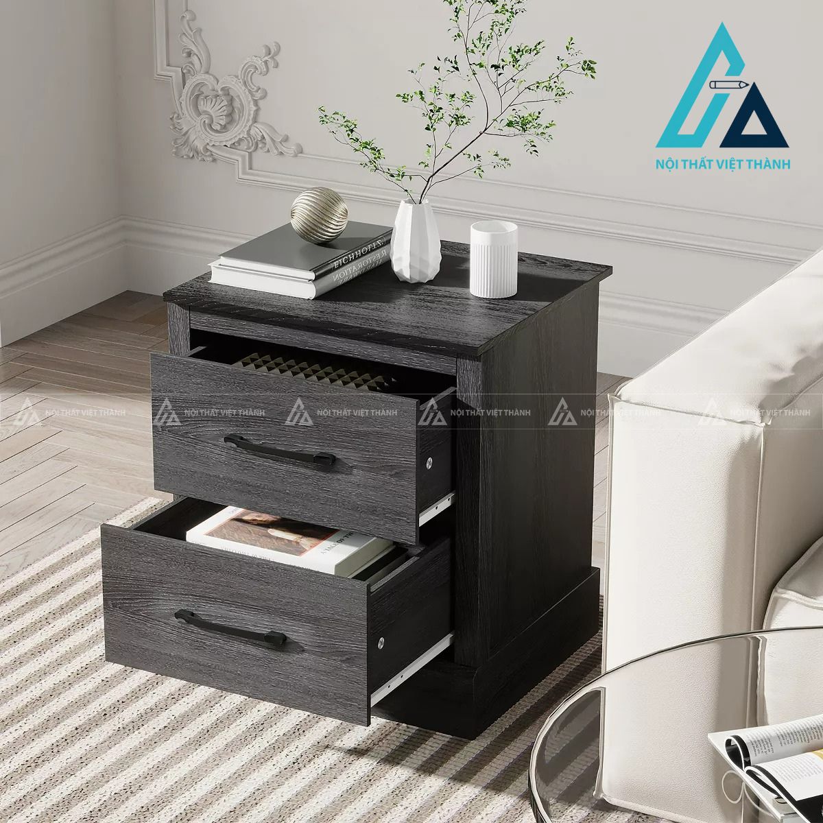 Tủ đầu giường MDF 2 ngăn kéo vân gỗ nhỏ gọn tiện dụng 2