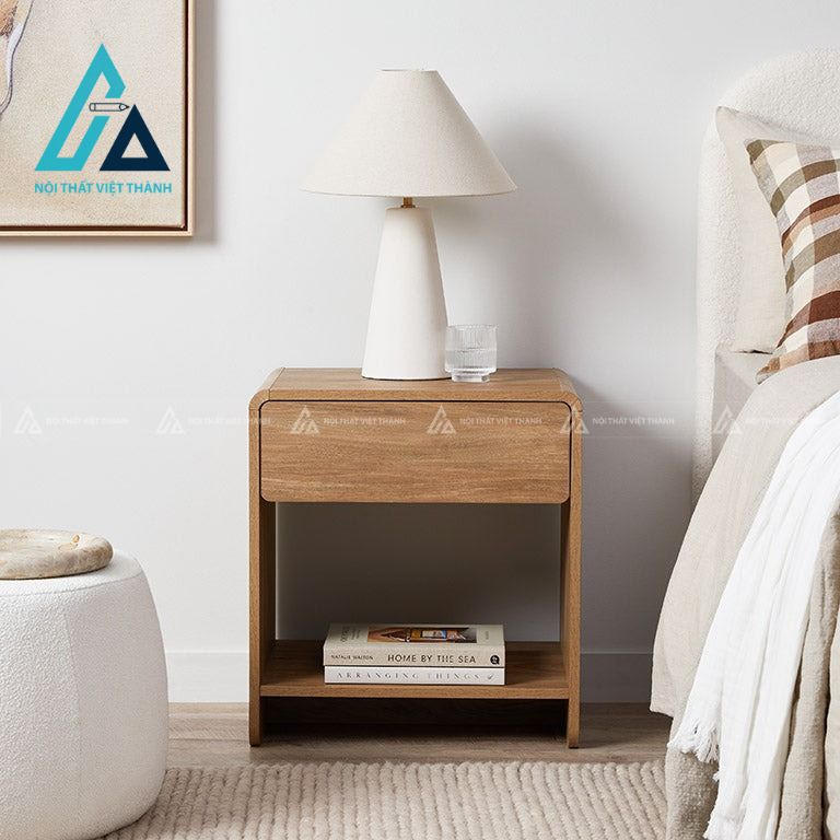 Tủ đầu giường MDF bo cong vân gỗ óc chó hiện đại kèm kệ tiện dụng