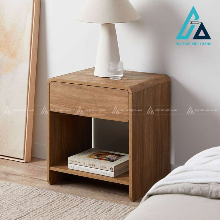 Tủ đầu giường MDF bo cong vân gỗ óc chó hiện đại kèm kệ tiện dụng 2