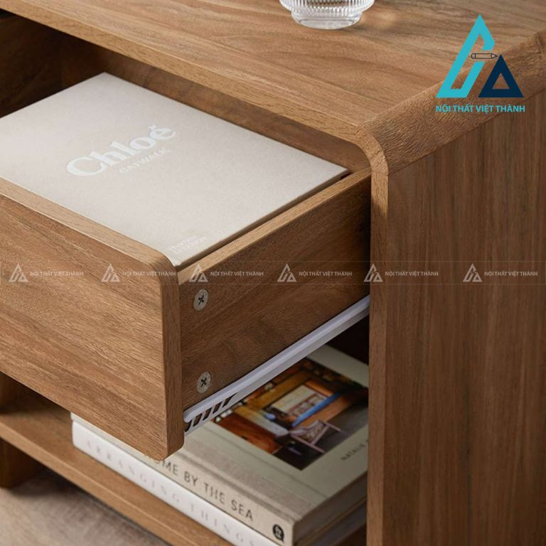 Tủ đầu giường MDF bo cong vân gỗ óc chó hiện đại kèm kệ tiện dụng 4
