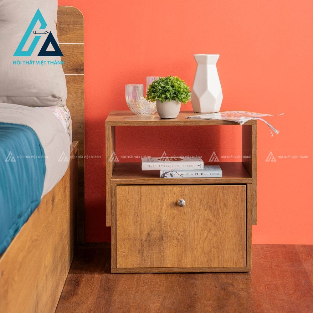 Tủ đầu giường MDF kèm kệ mở vân gỗ óc chó hiện đại đa năng