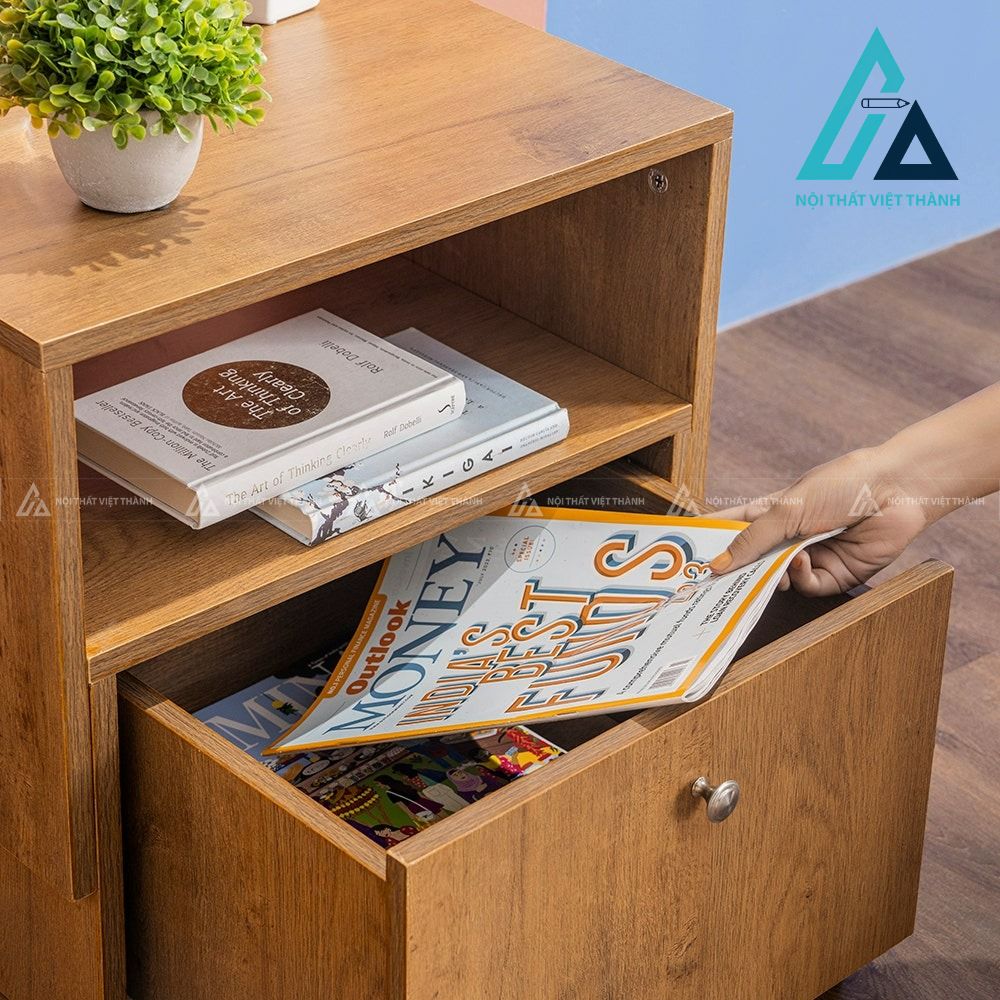 Tủ đầu giường MDF kèm kệ mở vân gỗ óc chó hiện đại đa năng 2