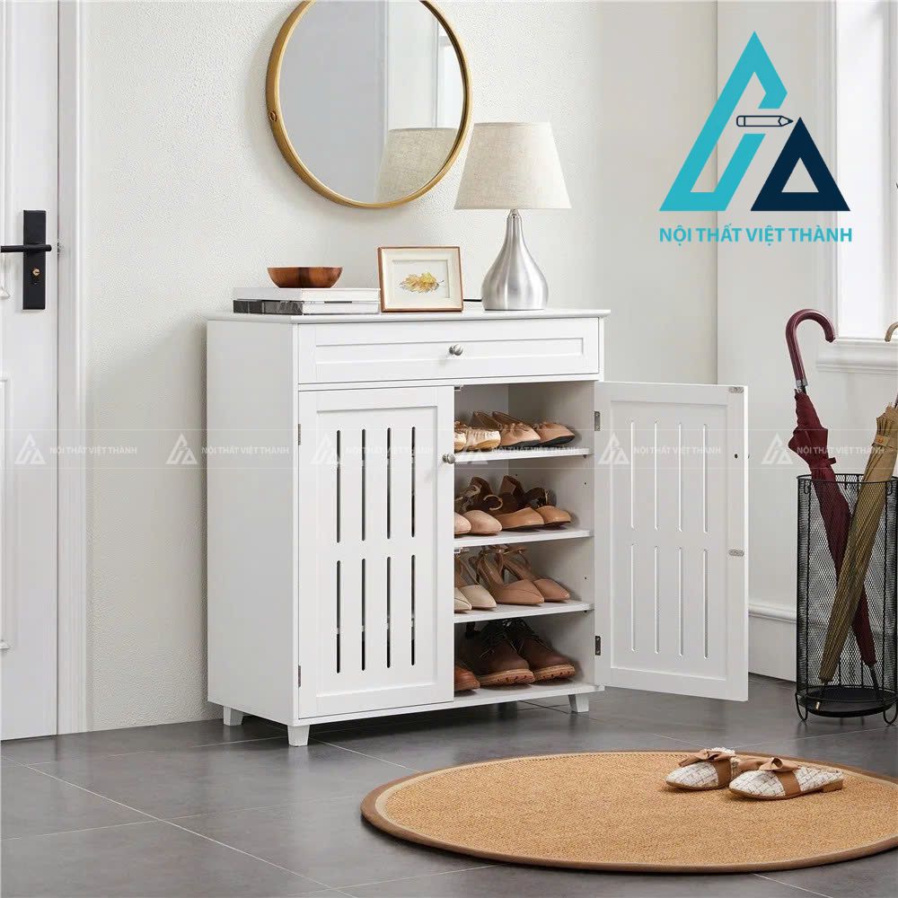 Tủ giày trắng kết hợp kệ trang trí nhỏ