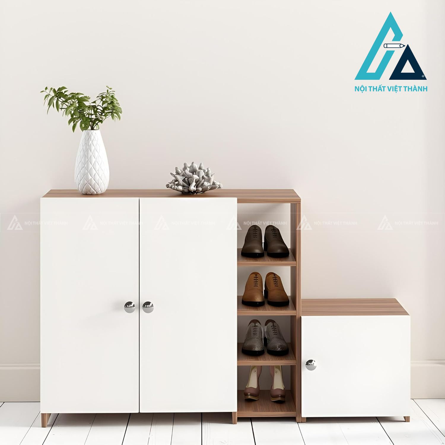 Tủ giày gỗ công nghiệp đa năng phối trắng vân gỗ hiện đại tiện dụng