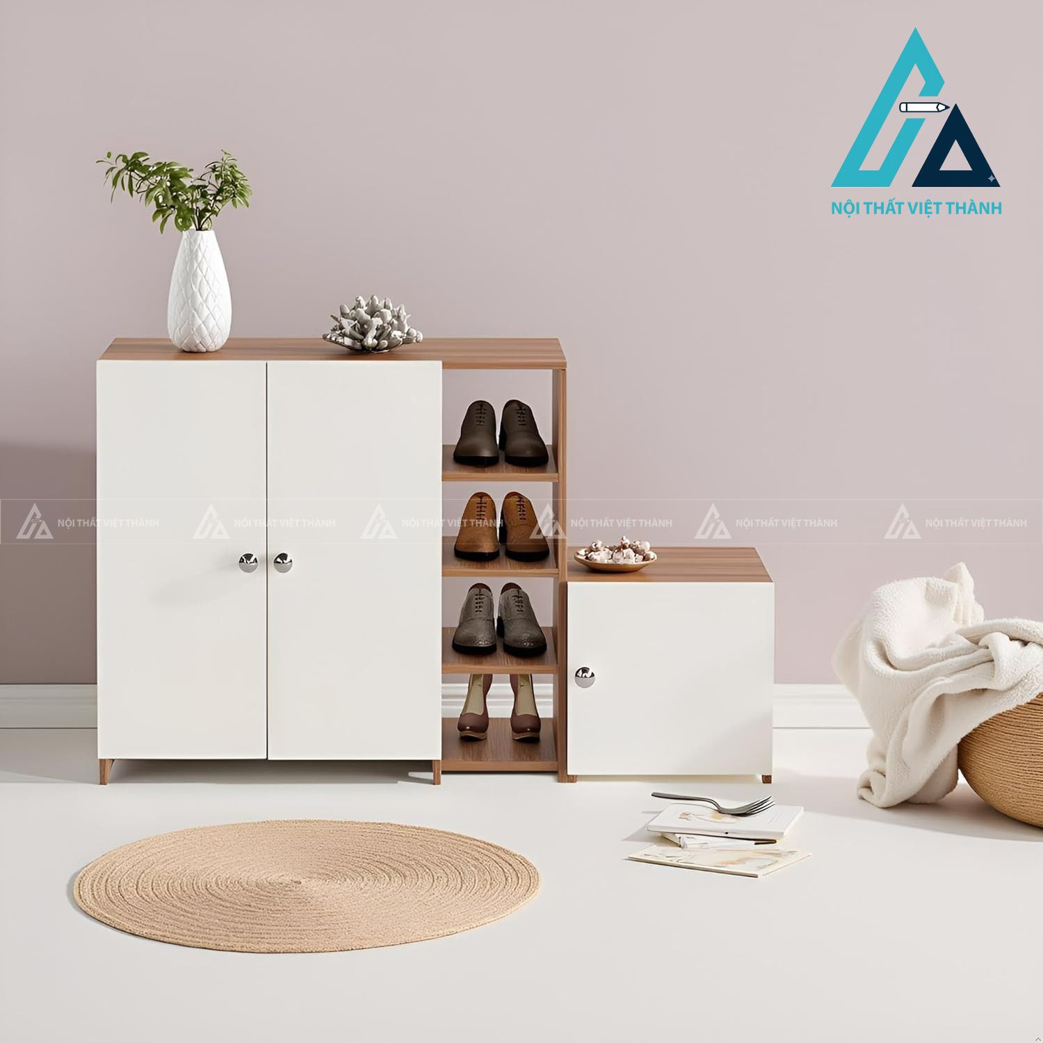 Tủ giày gỗ công nghiệp đa năng phối trắng vân gỗ hiện đại tiện dụng 2
