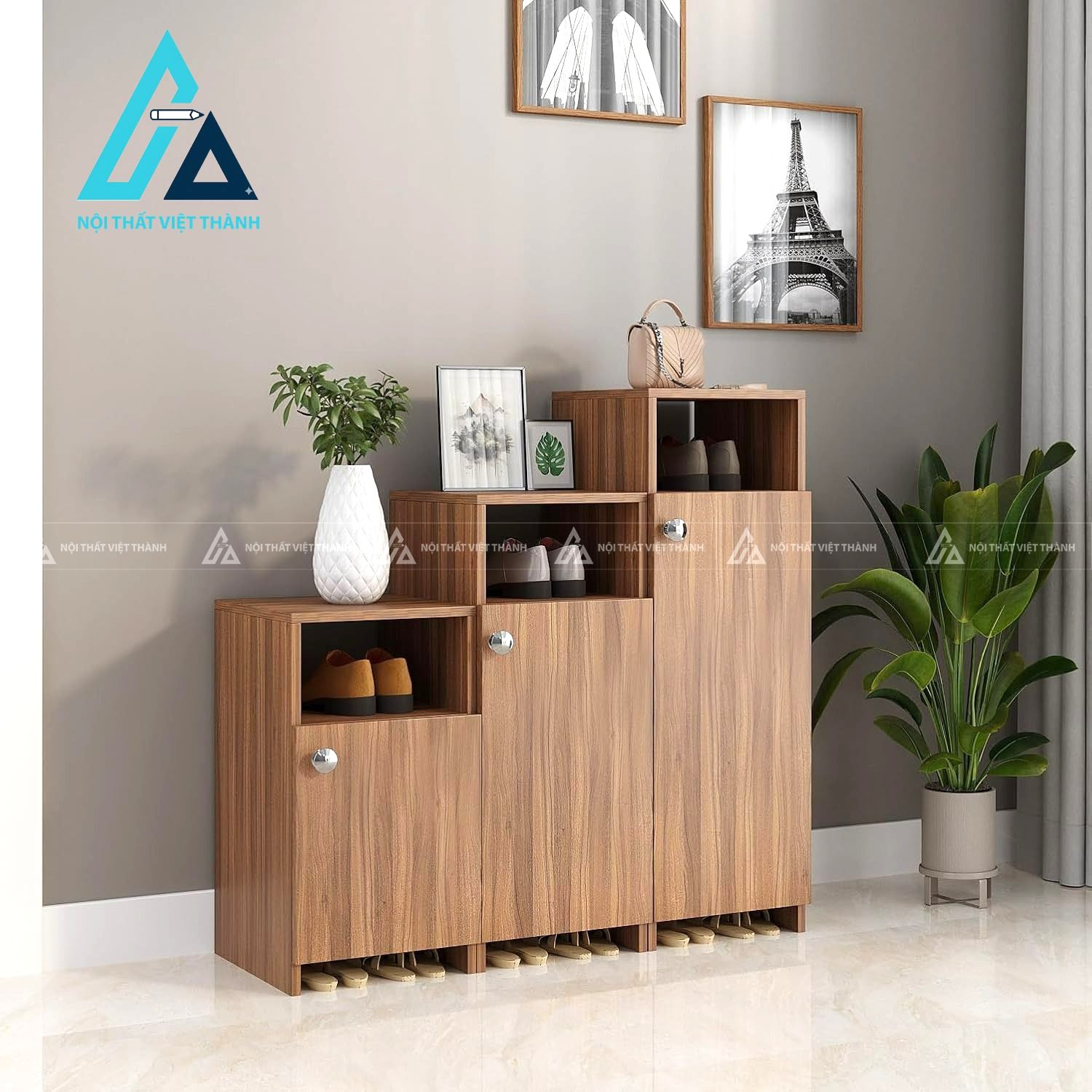 Tủ giày MDF 12 ngăn vân gỗ teak hiện đại sức chứa lớn đa năng