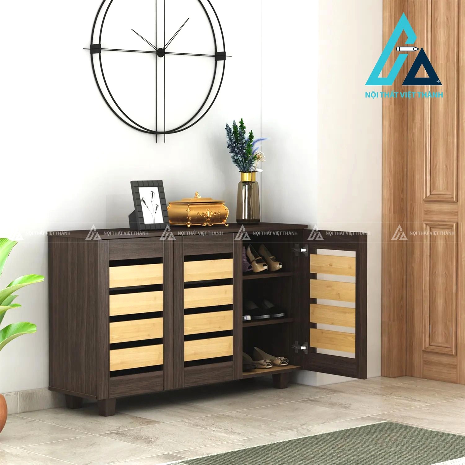 Tủ giày MDF 3 cánh phối màu vàng nâu hiện đại có cánh nan thoáng khí
