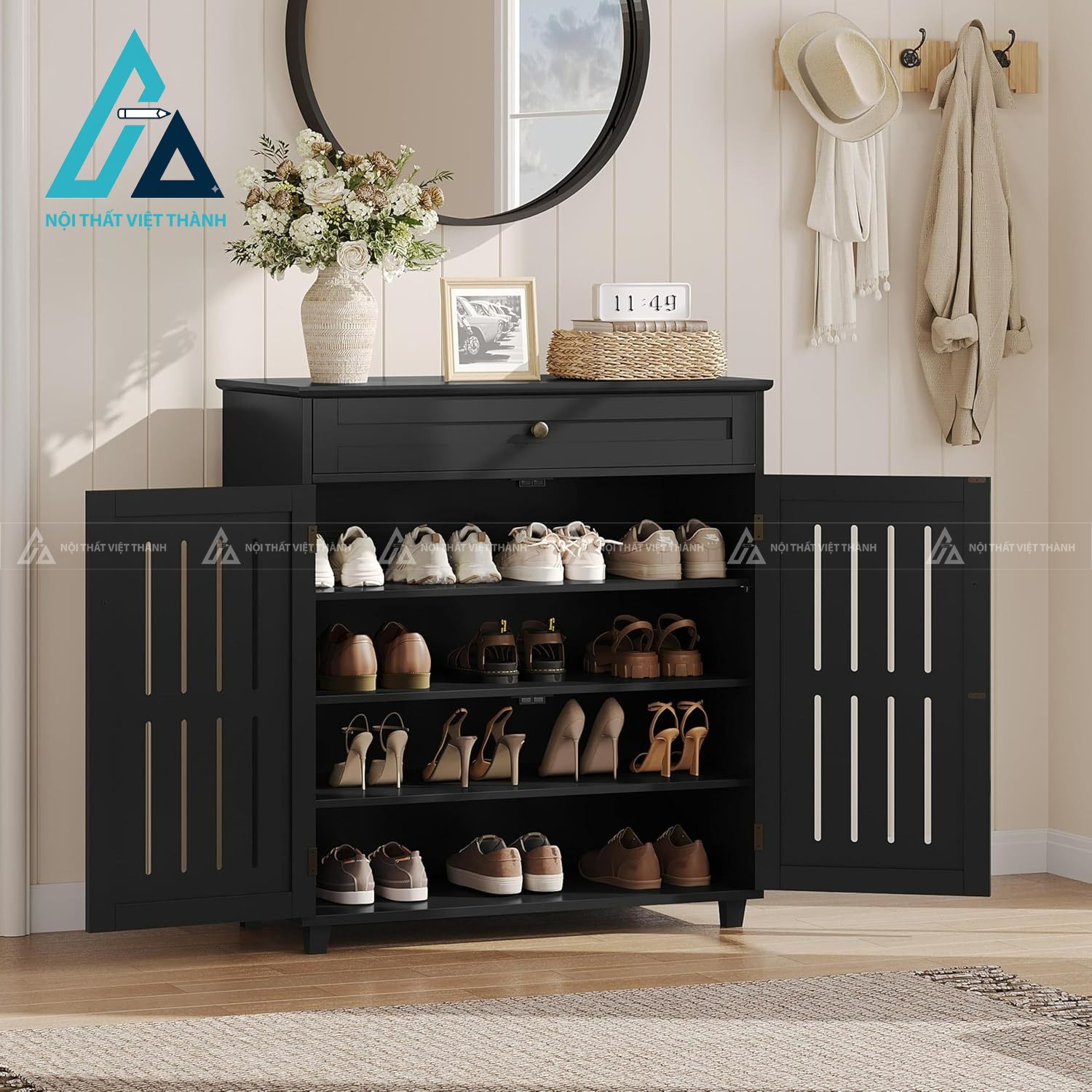 Tủ giày MDF 4 tầng màu đen hiện đại có ngăn kéo tiện ích