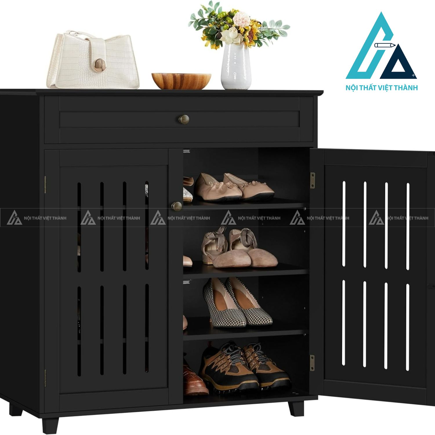 Tủ giày MDF 4 tầng màu đen hiện đại có ngăn kéo tiện ích 1