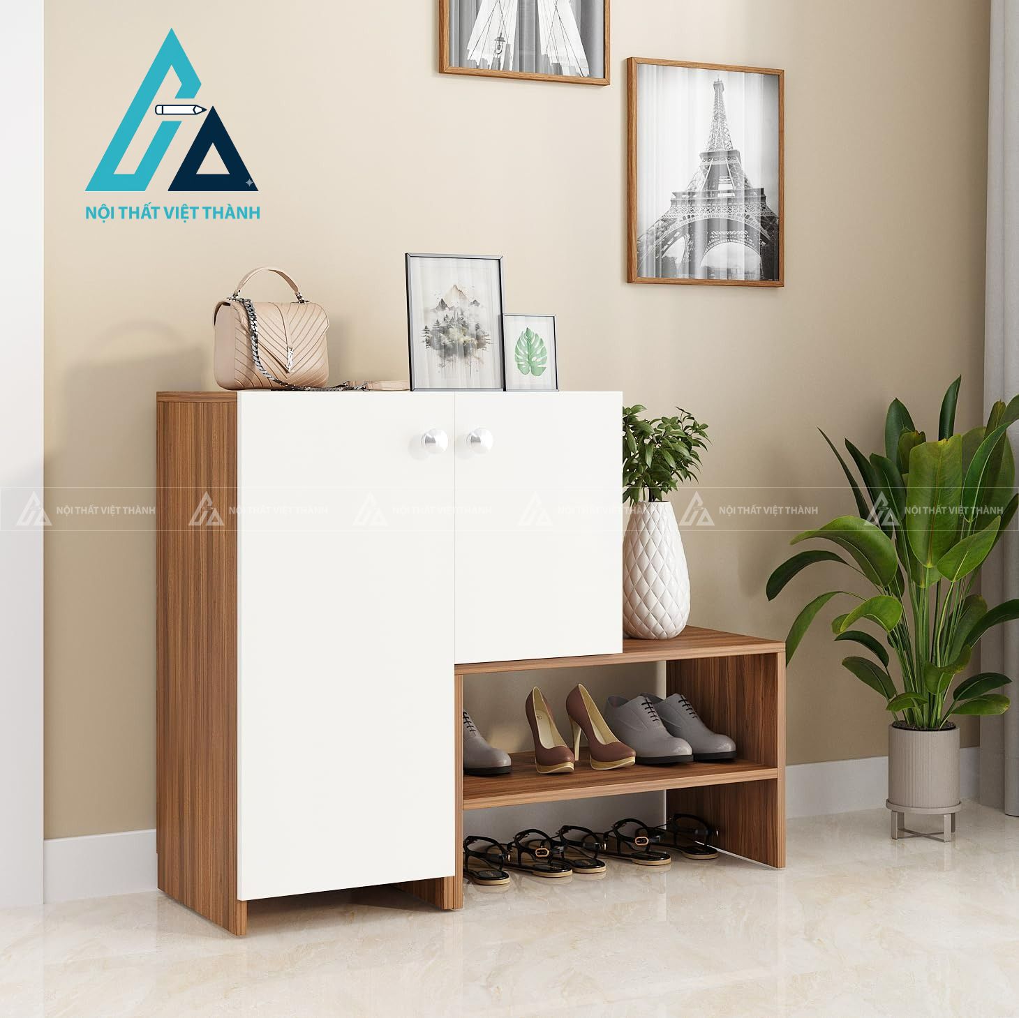 Tủ giày MDF 7 tầng phối vân gỗ và trắng hiện đại đa năng tiện dụng