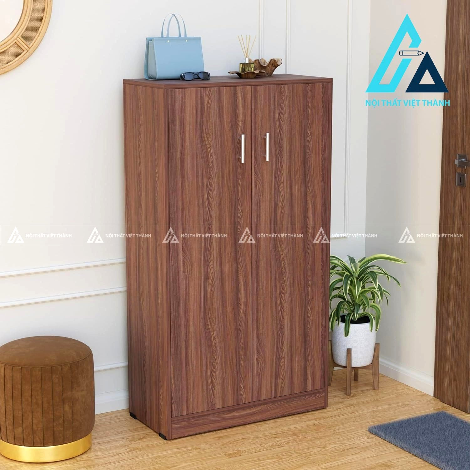Tủ giày MDF 7 tầng vân gỗ óc chó hiện đại cánh kín lưu trữ lớn