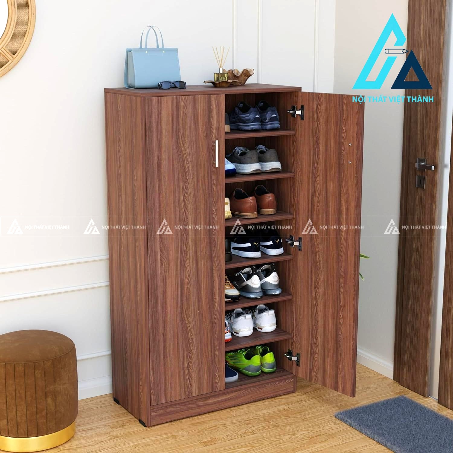 Tủ giày MDF 7 tầng vân gỗ óc chó hiện đại cánh kín lưu trữ lớn 1