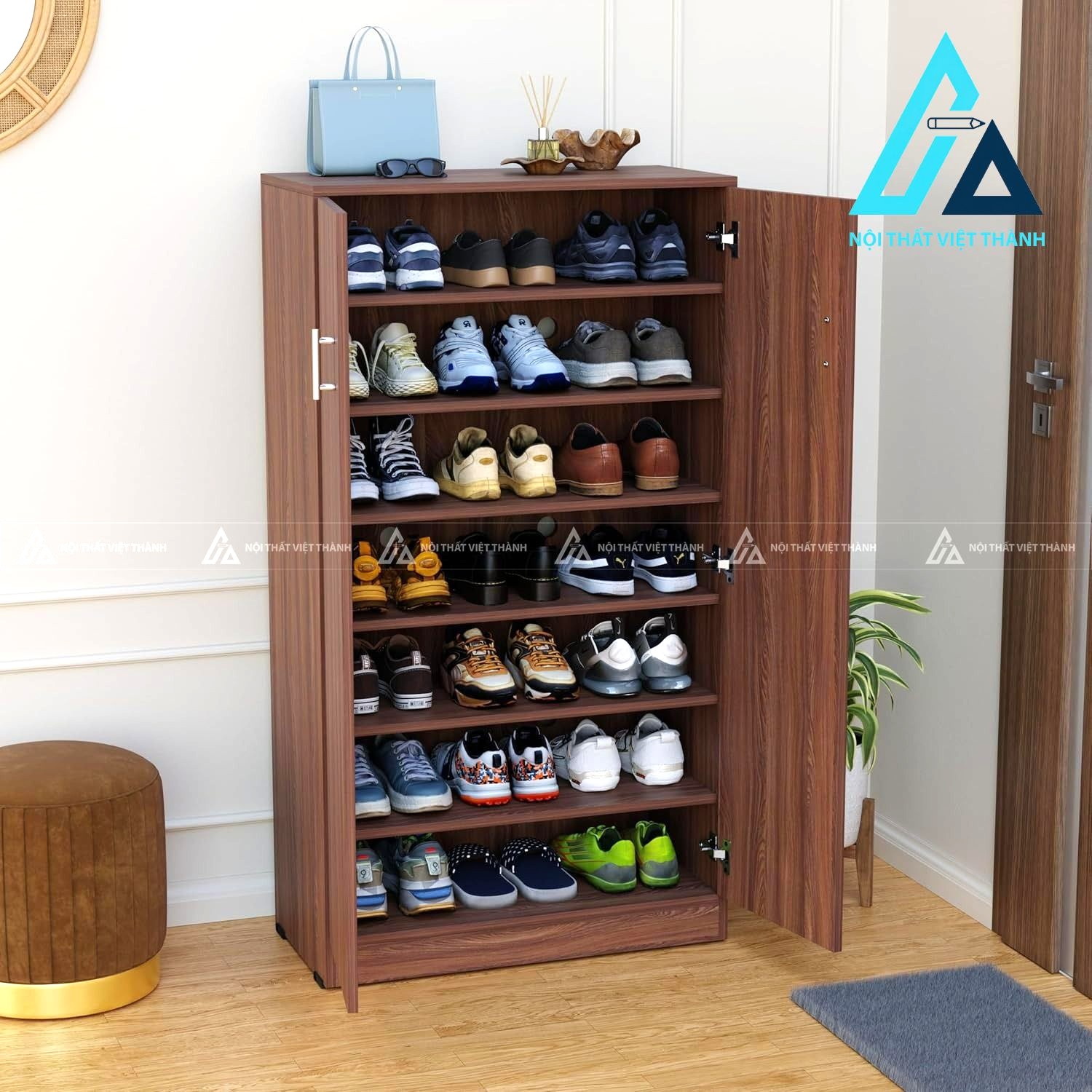 Tủ giày MDF 7 tầng vân gỗ óc chó hiện đại cánh kín lưu trữ lớn 2