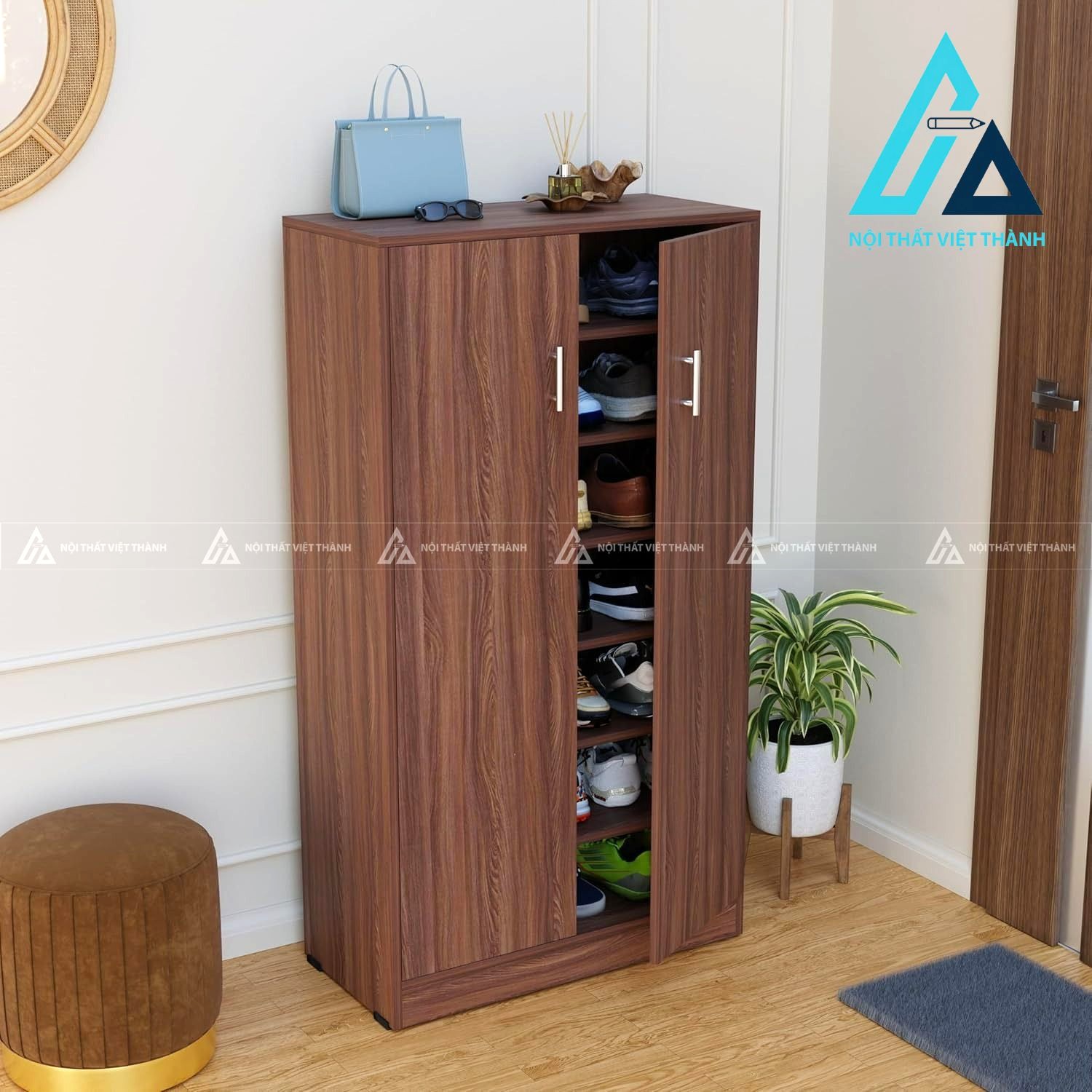 Tủ giày MDF 7 tầng vân gỗ óc chó hiện đại cánh kín lưu trữ lớn 3