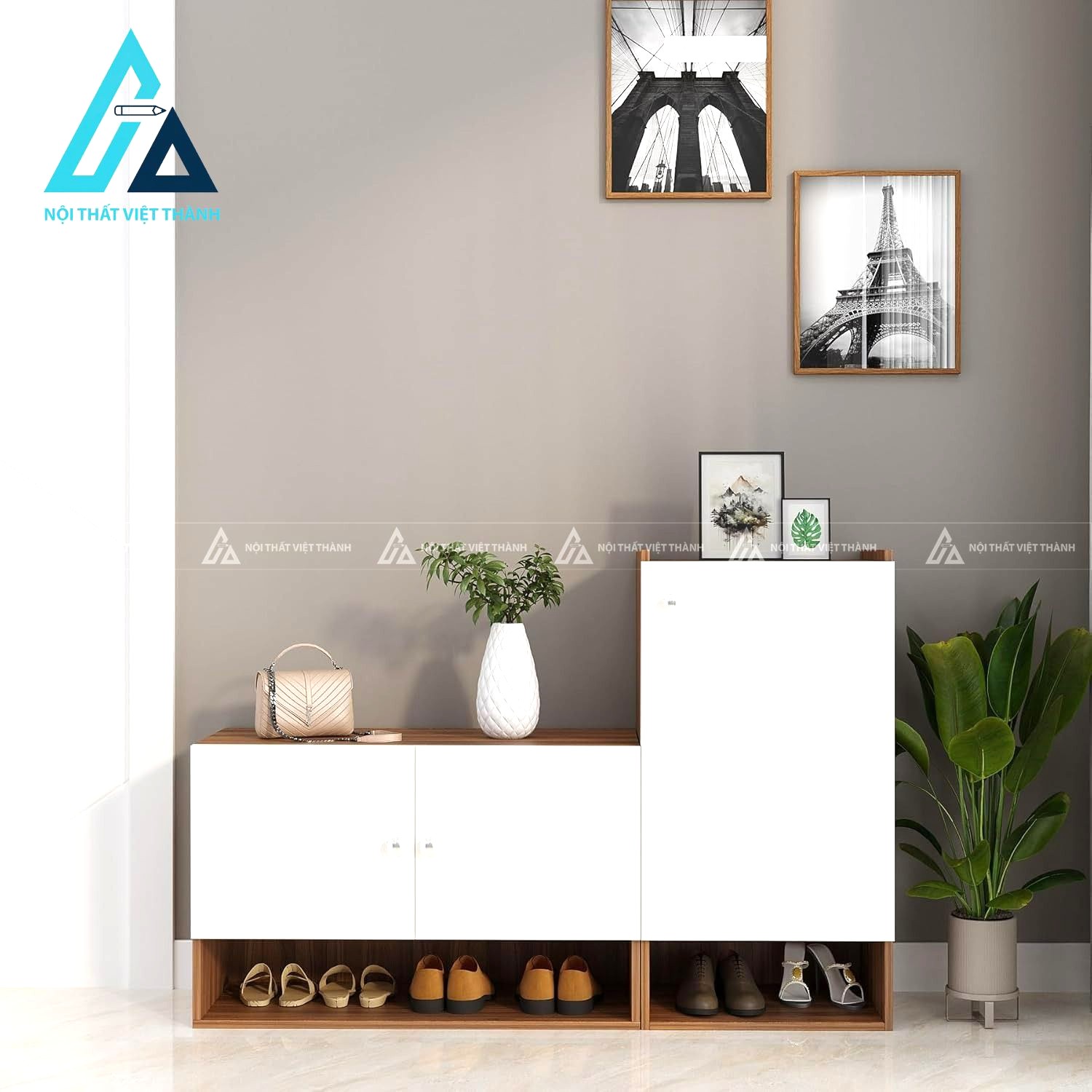 Tủ giày MDF 8 tầng màu trắng phối vân gỗ teak hiện đại đa năng