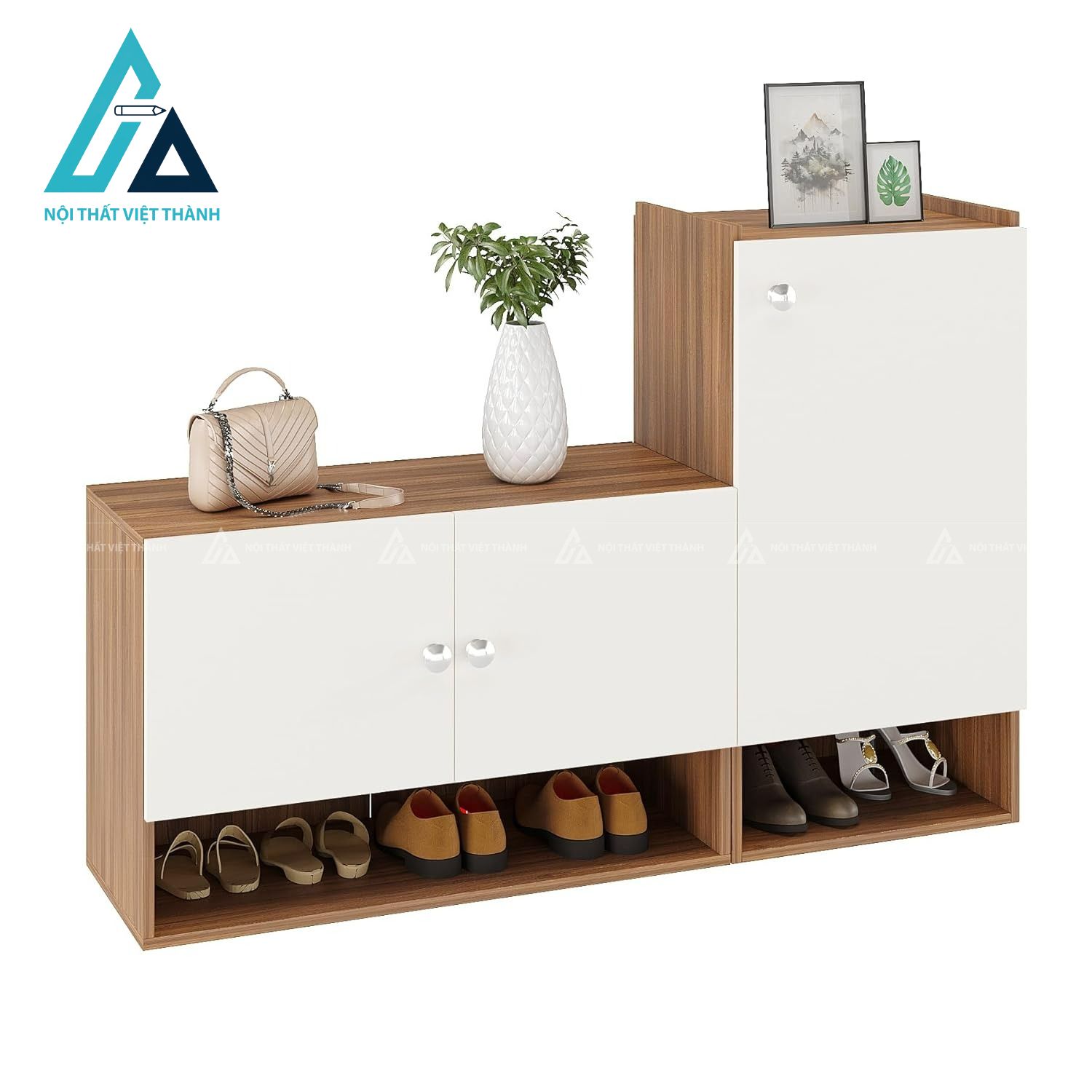 Tủ giày MDF 8 tầng màu trắng phối vân gỗ teak hiện đại đa năng 2