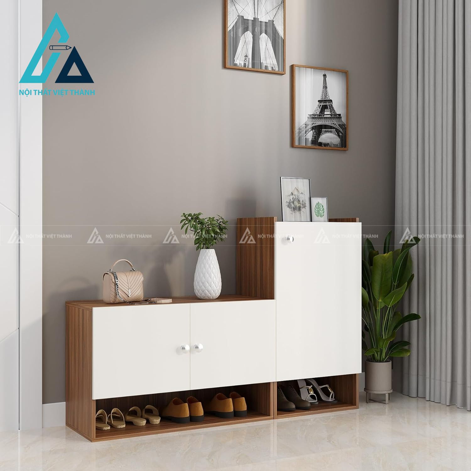 Tủ giày MDF 8 tầng màu trắng phối vân gỗ teak hiện đại đa năng 3