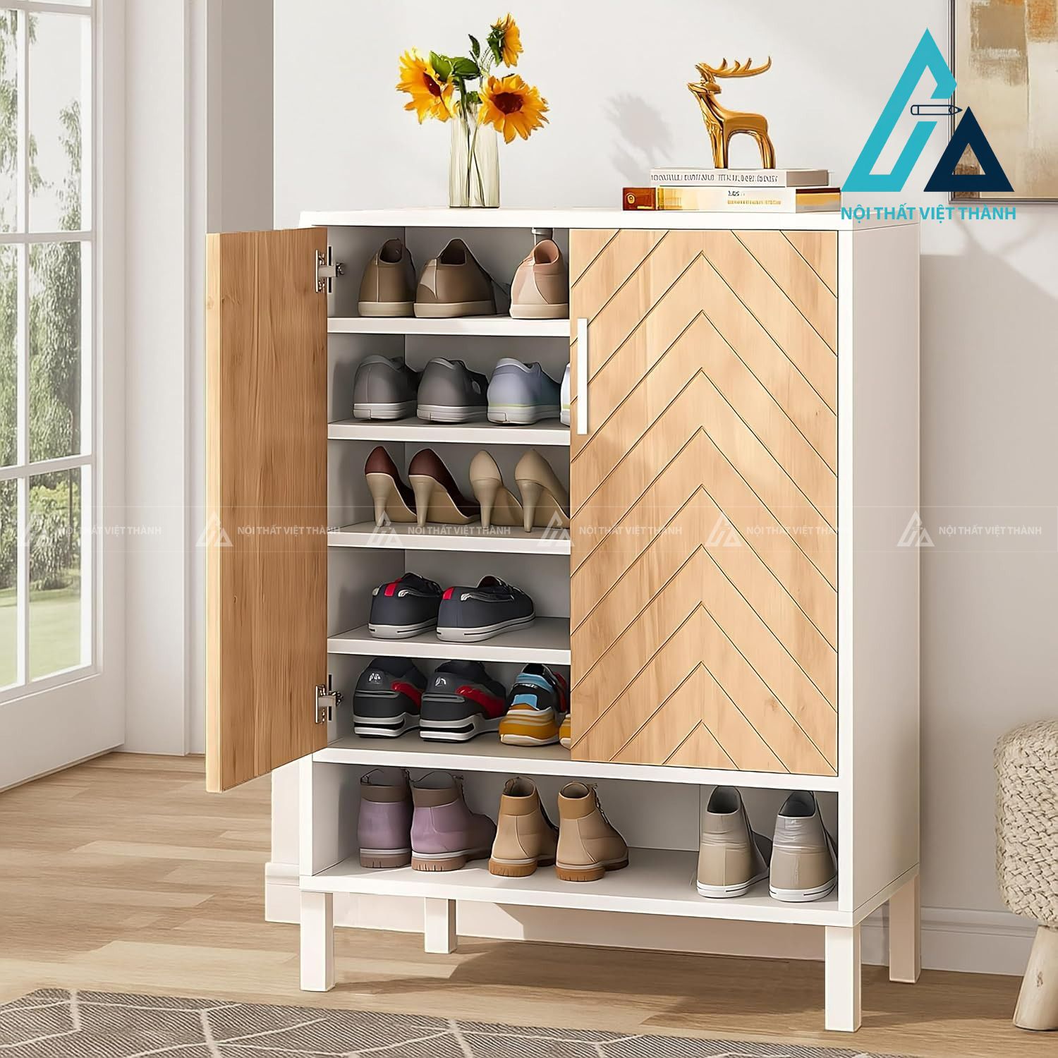 Tủ giày MDF cánh kín màu trắng phối vân gỗ hiện đại đa năng