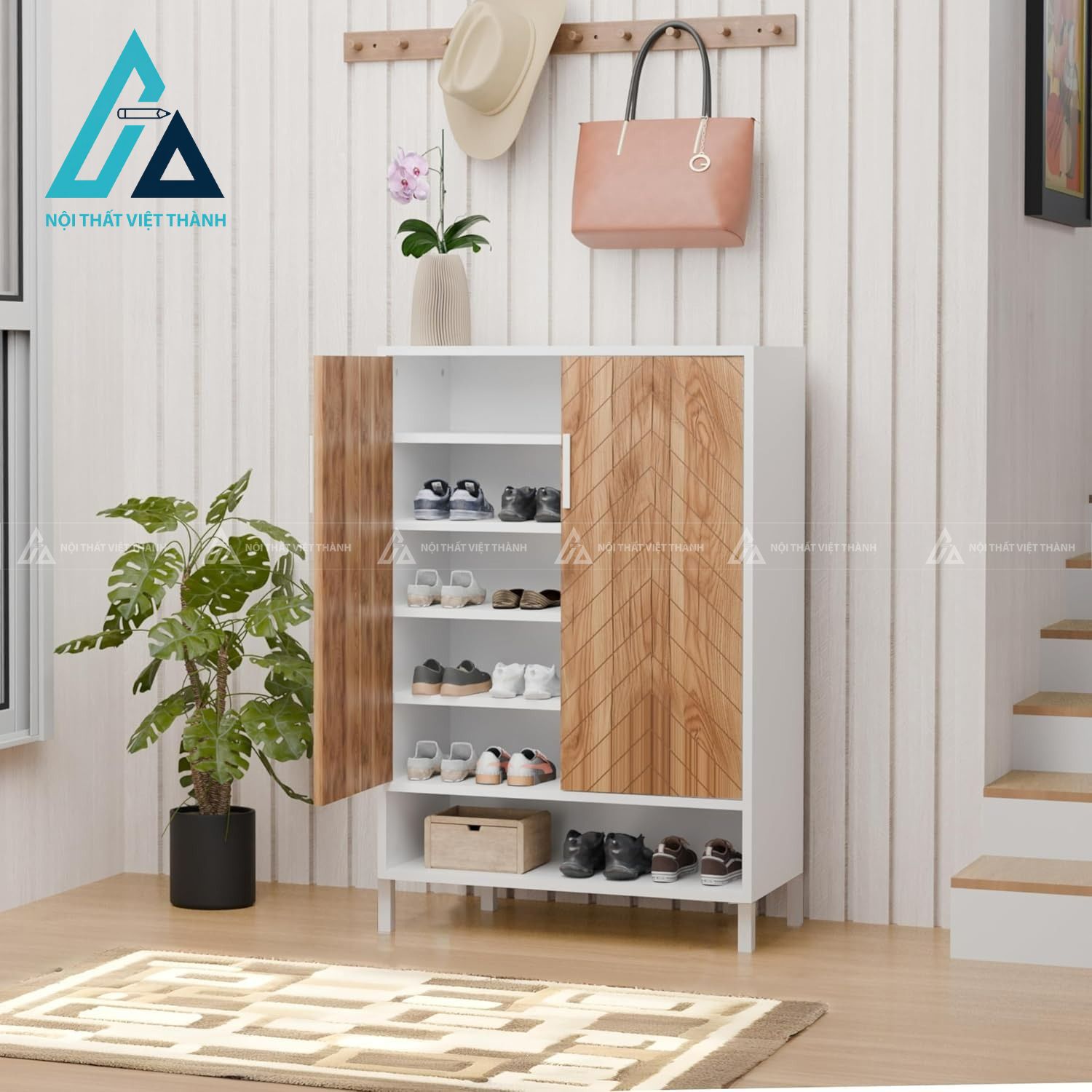 Tủ giày MDF cánh kín màu trắng phối vân gỗ hiện đại đa năng 1