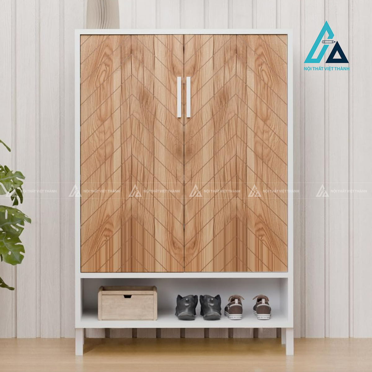 Tủ giày MDF cánh kín màu trắng phối vân gỗ hiện đại đa năng 2