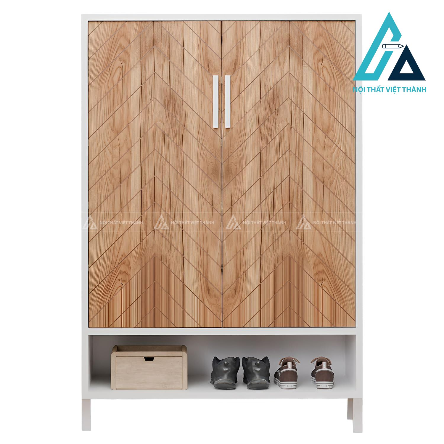 Tủ giày MDF cánh kín màu trắng phối vân gỗ hiện đại đa năng 3