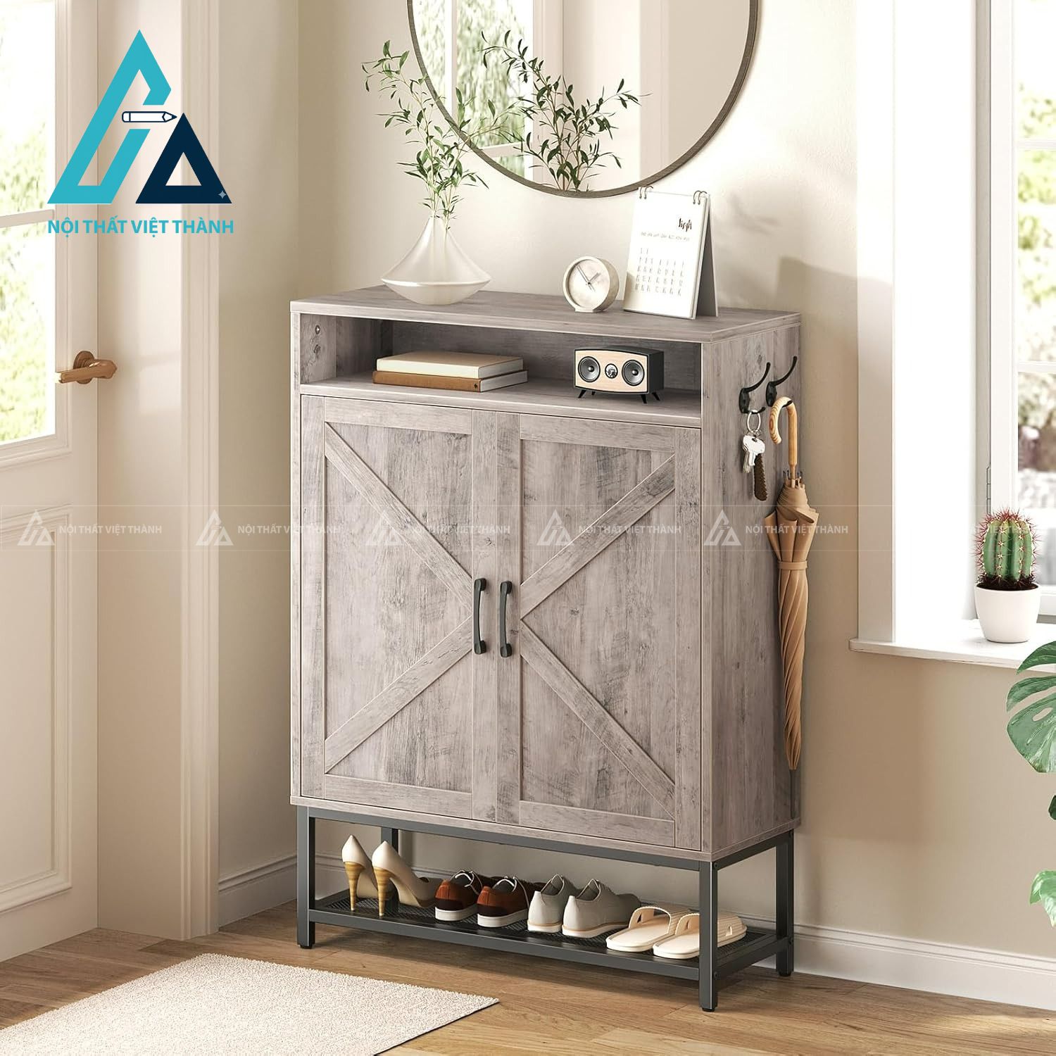 Tủ giày MDF dáng đứng màu xám hiện đại có hộc phụ tiện lợi