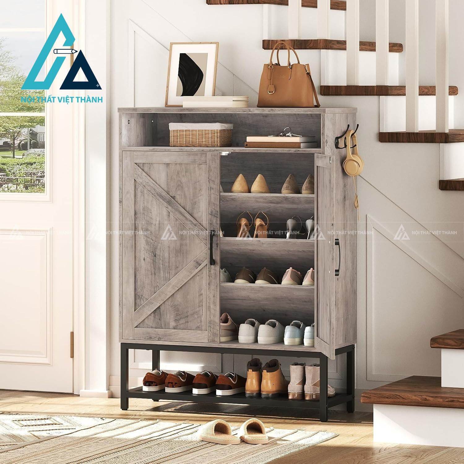 Tủ giày MDF dáng đứng màu xám hiện đại có hộc phụ tiện lợi 1