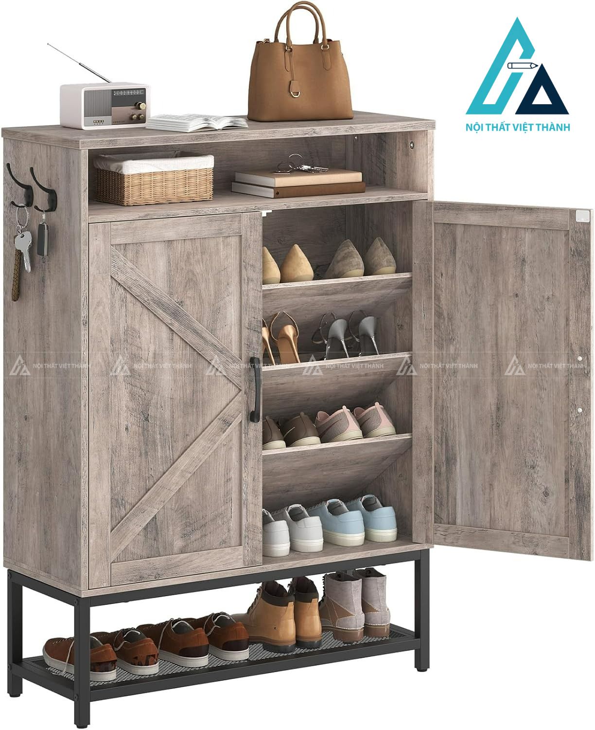 Tủ giày MDF dáng đứng màu xám hiện đại có hộc phụ tiện lợi 3